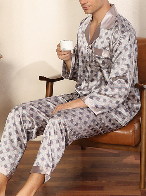 Mofybuy Men's Breathable Home Silk Pajamas Two Piece Set